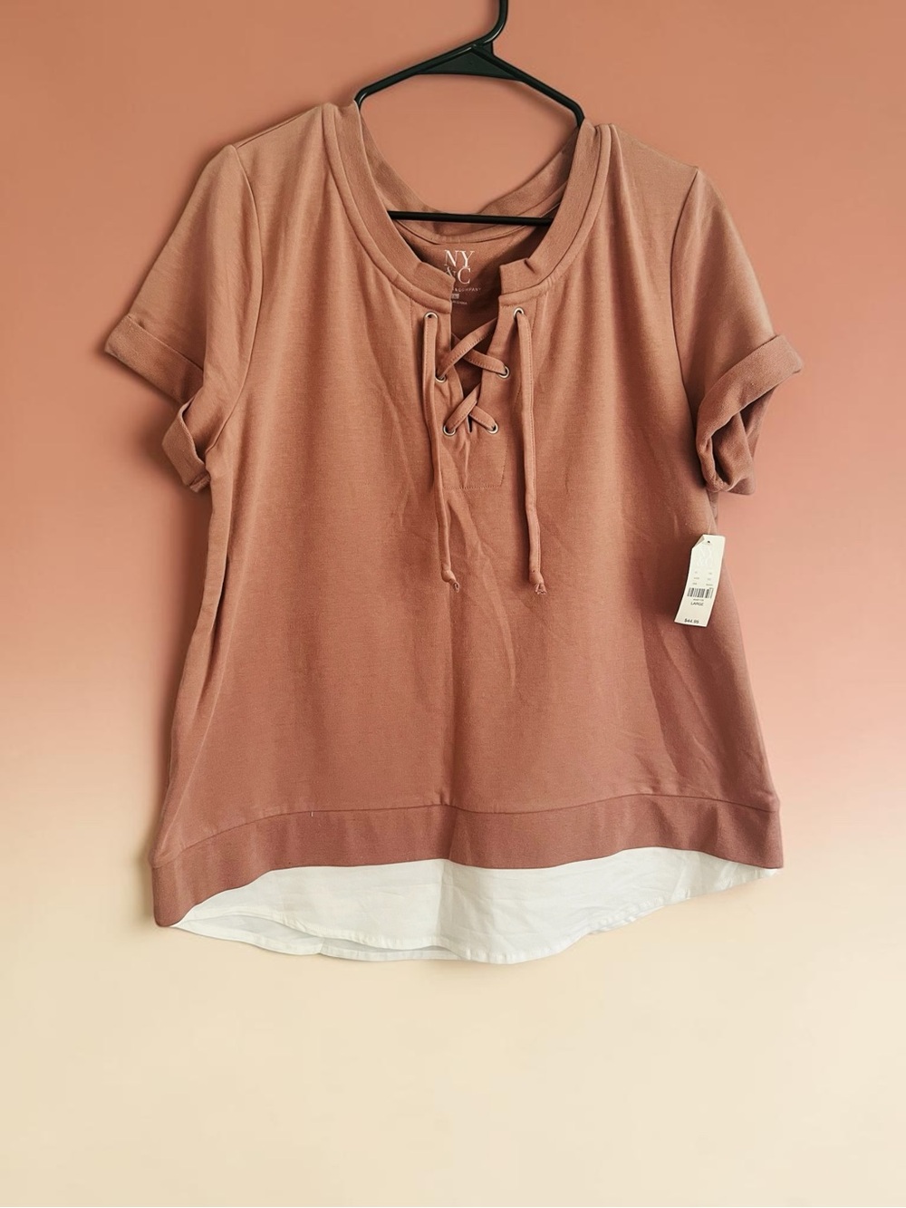 New York & Company Dusty Rose Lace-Up Short Sleeve Tee with Faux White Layer